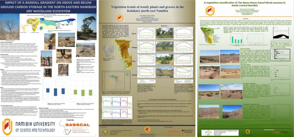 The three NUST posters presented: Impact of a Rainfall Gradient on above and below Ground Carbon Storage in the North-Eastern Namibian Dry Woodland Ecosystem, Vegetation trends of woody plants and grasses in the Kalahari, north-east Namibia & A vegetation classification of The Nama Karoo Dwarf Shrub savanna in South Central Namibia